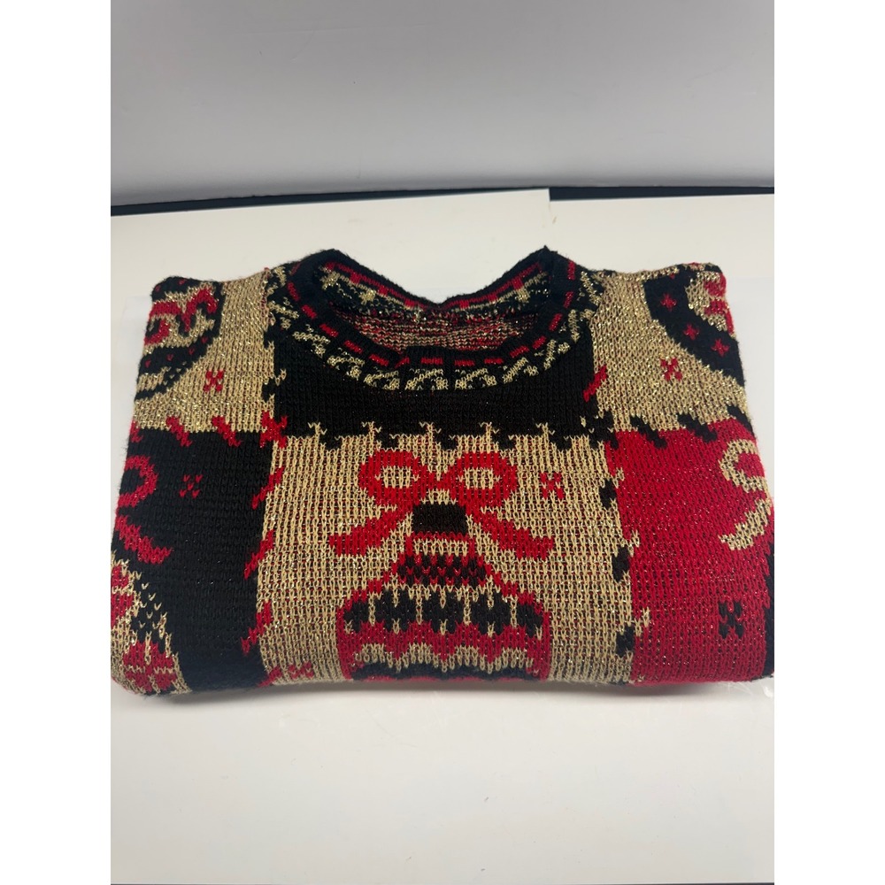 Vintage Holiday Ornament Metallic Knit Sweater Black Red Gold Crew Neck XL